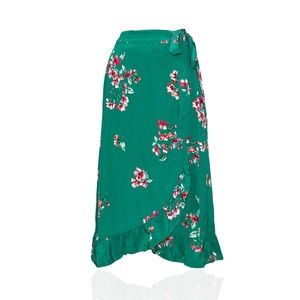 SÉZANE Adriana Wrap Silk Skirt, Green Bouquet, FR38